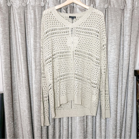 NWT RXB Open Knit Crochet Tan Crewneck Sweater Size Large - Picture 2 of 15